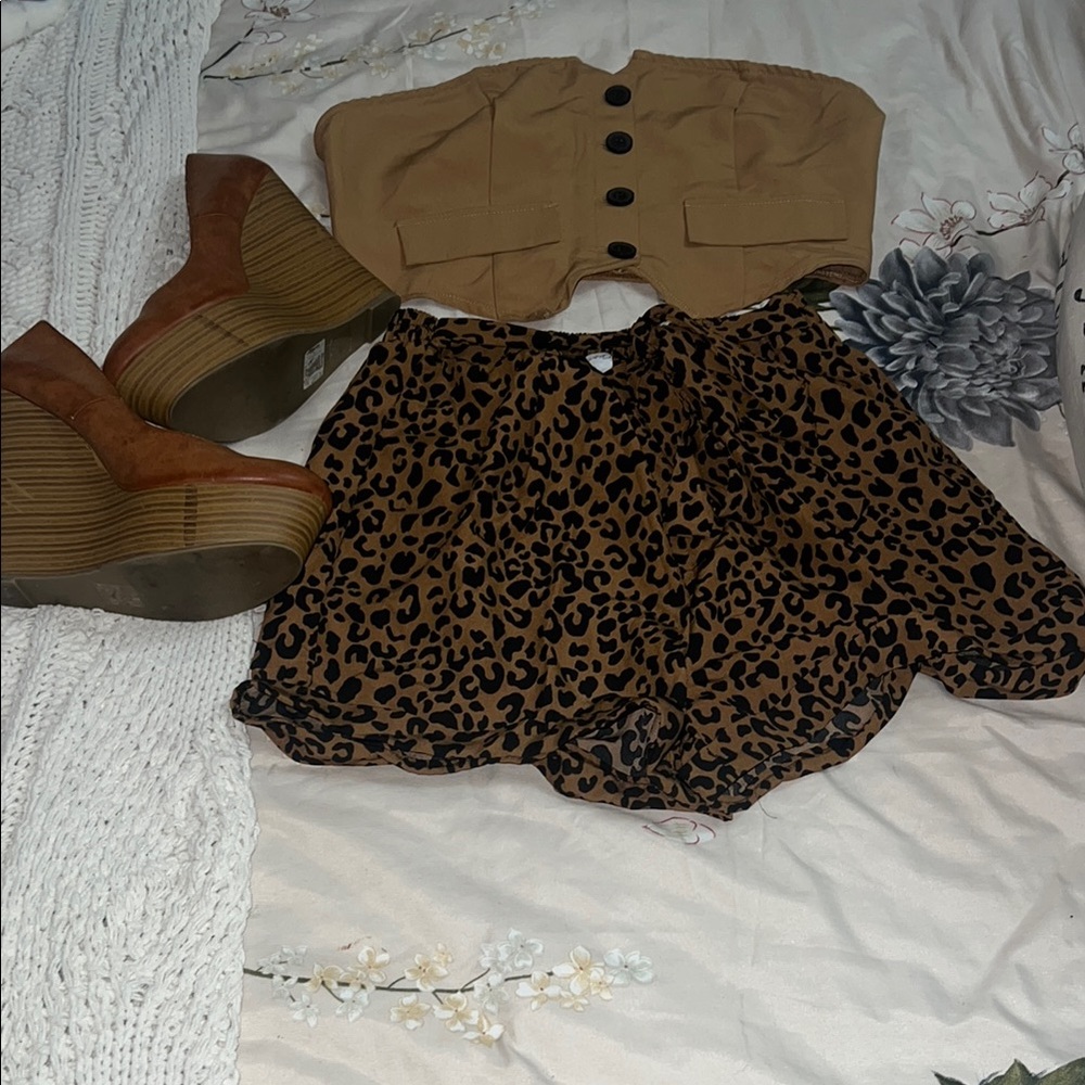 Tan Buttoned Crop Top and Leopard Print Shorts Set